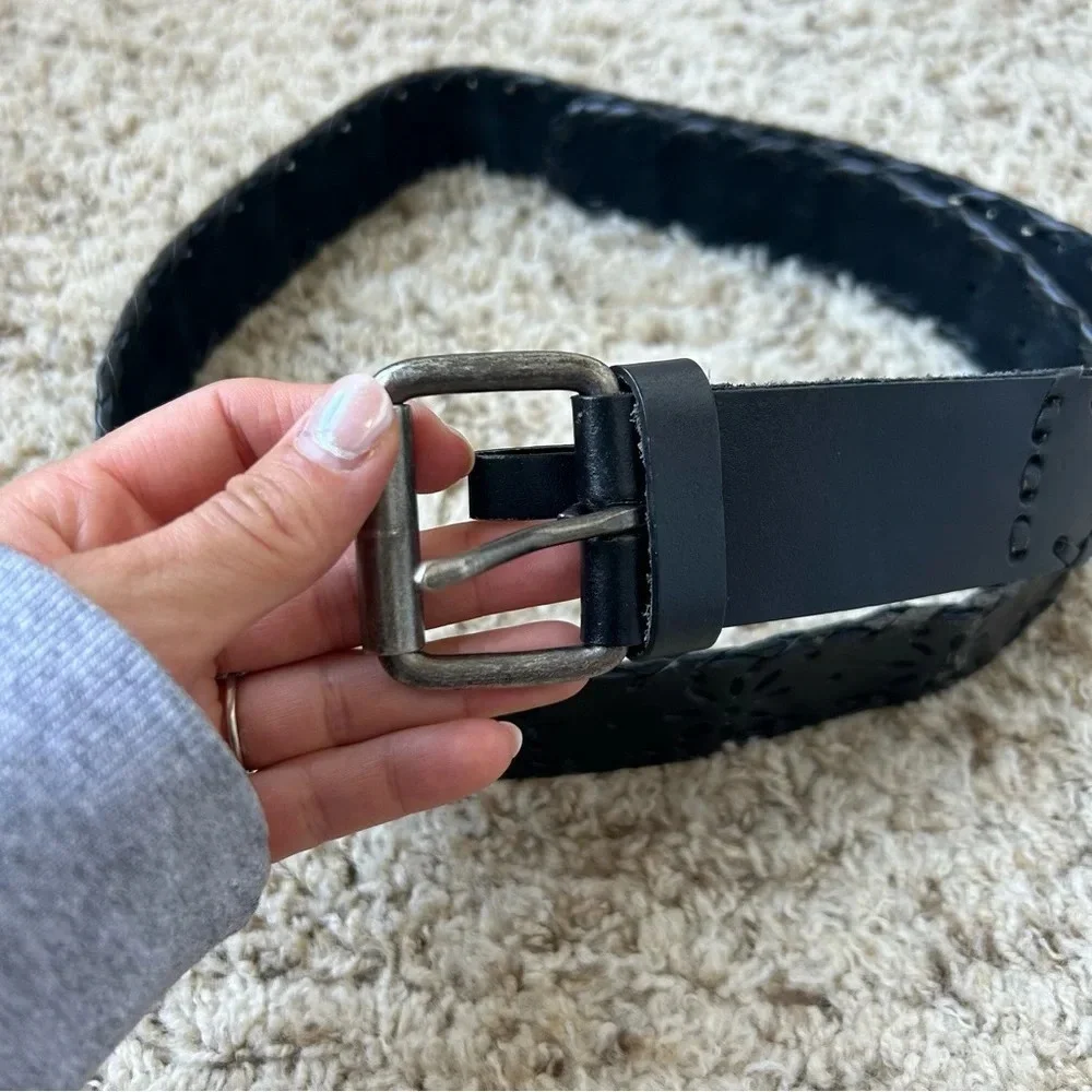 Vintage Bonded Leather Flower Printed Black Belt Size Large